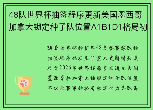 48队世界杯抽签程序更新美国墨西哥加拿大锁定种子队位置A1B1D1格局初定