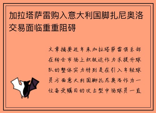 加拉塔萨雷购入意大利国脚扎尼奥洛交易面临重重阻碍